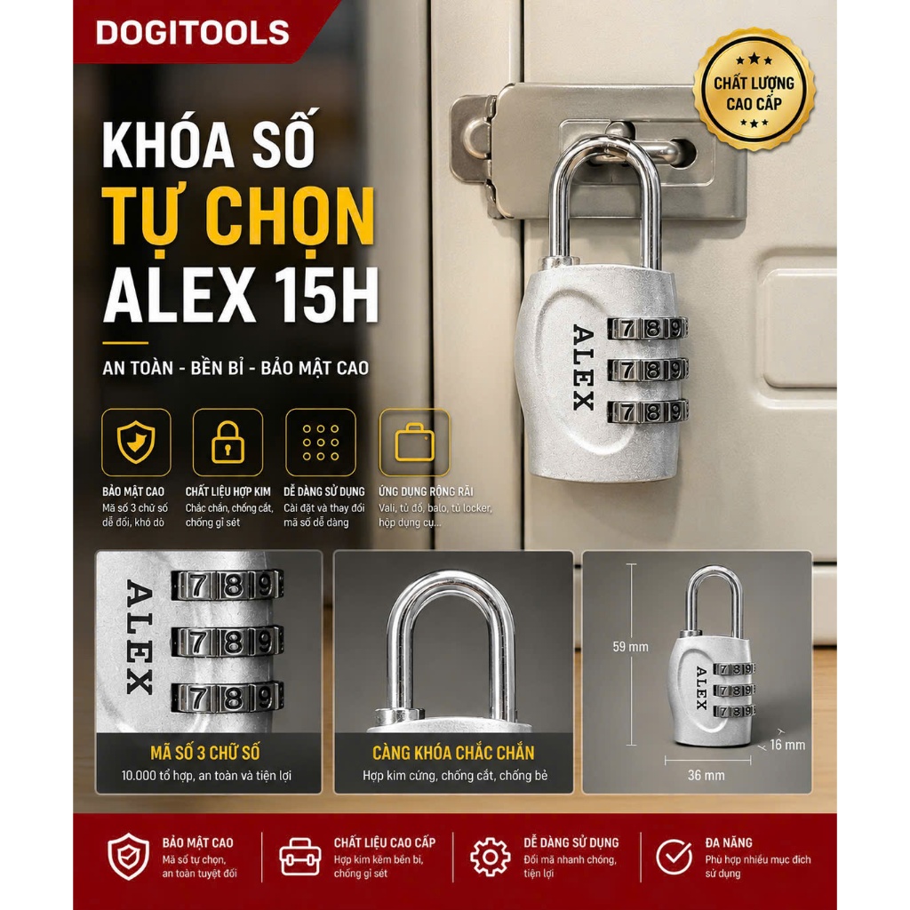 Ổ Khóa Số ALEX 15H 3 Số Tự Chọn, Khóa Vali Hành Lý Balo Tủ Cá Nhân Nhỏ Gọn