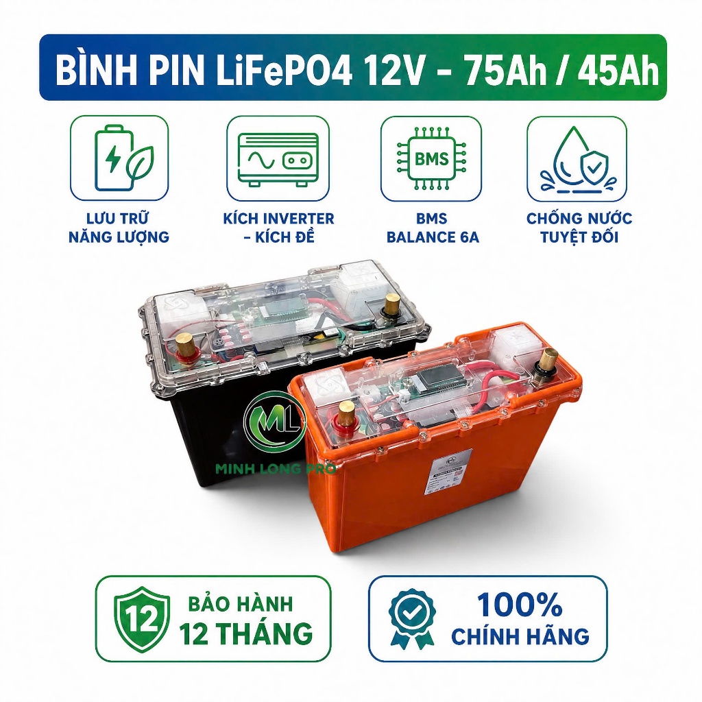 Bình Pin LiFePO4 12V 75Ah / 45Ah Lưu Trữ Kích Inverter Kích Đề – BMS Cân Bằng Tự Động 6A, Chống Nước