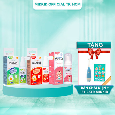 Bộ 3 MID chăm sóc răng miệng gồm 2 hộp Midkid vị NHO và TÁO + 1 Bọt tập đánh răng vị dâu 60ml cho bé từ 1 tuổi