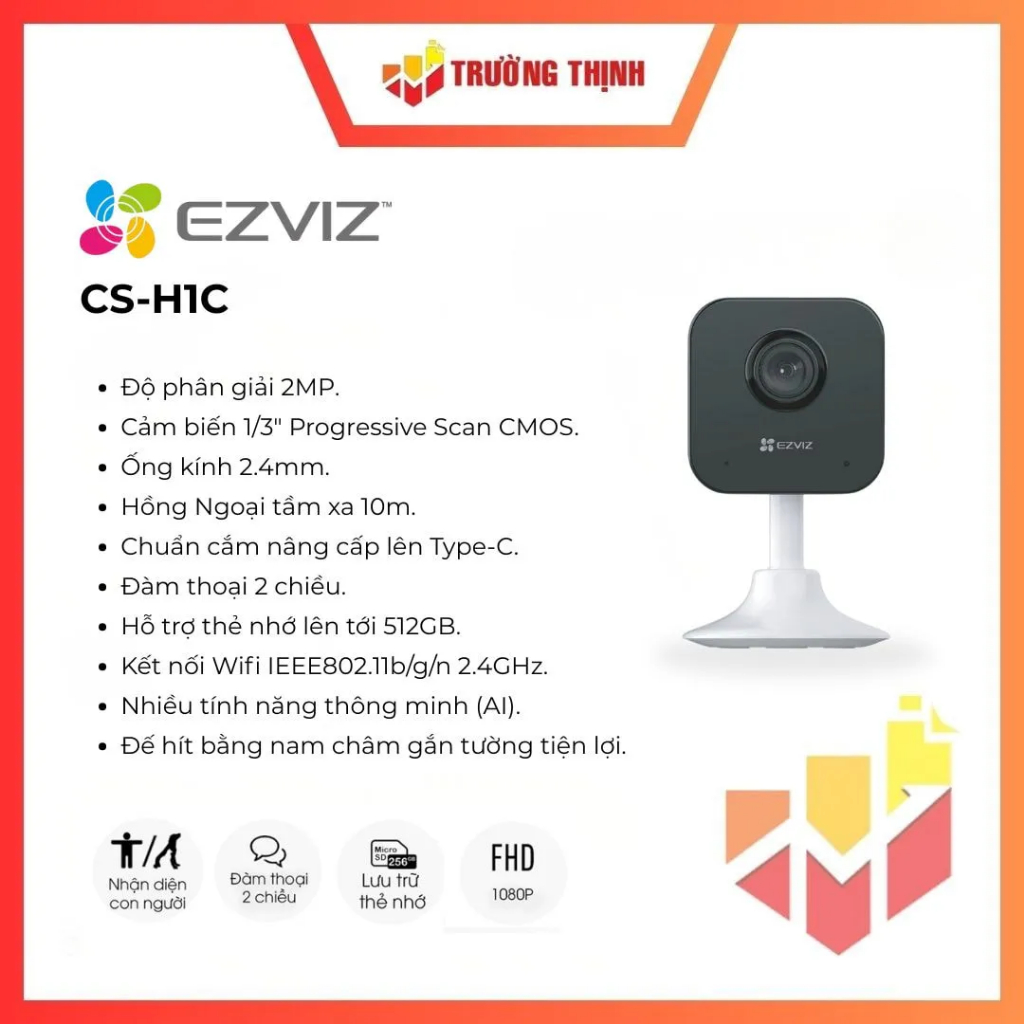 Camera wifi không dây Ezviz H1C CS-H1C-R100-1G2WF Type-C |2MP | góc rộng 108 độ | đế nam châm