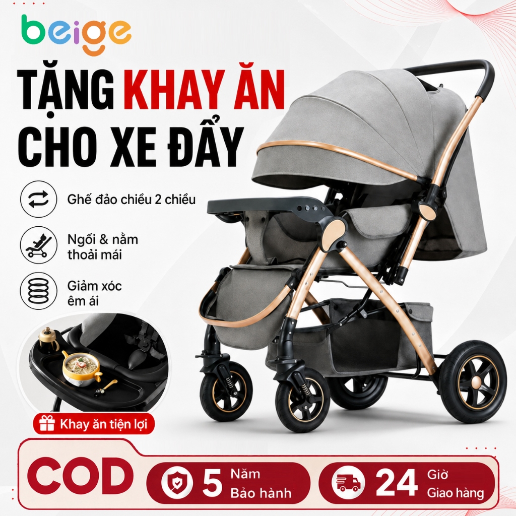 XE ĐẨY GẤP GỌN CHO BÉ BEIGE, GHẾ ĐẨY 2 CHIỀU + KHAY ĂN SIÊU TO + GẤP GỌN 1 GIÂY