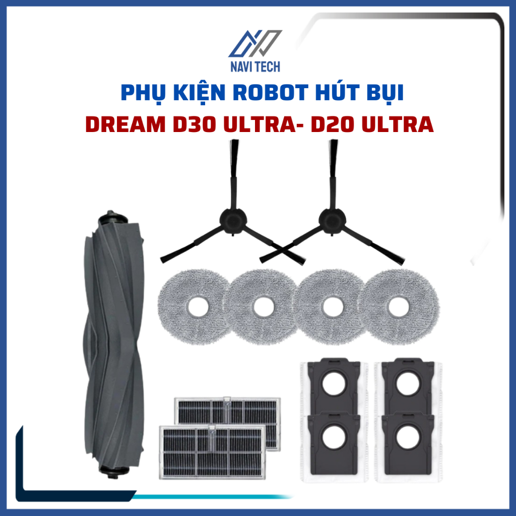 Phụ kiện robot Dream D30 Ultra, D20 Ultra khăn, lọc hepa, chổi cạnh, chổi lăn cao su, túi rác