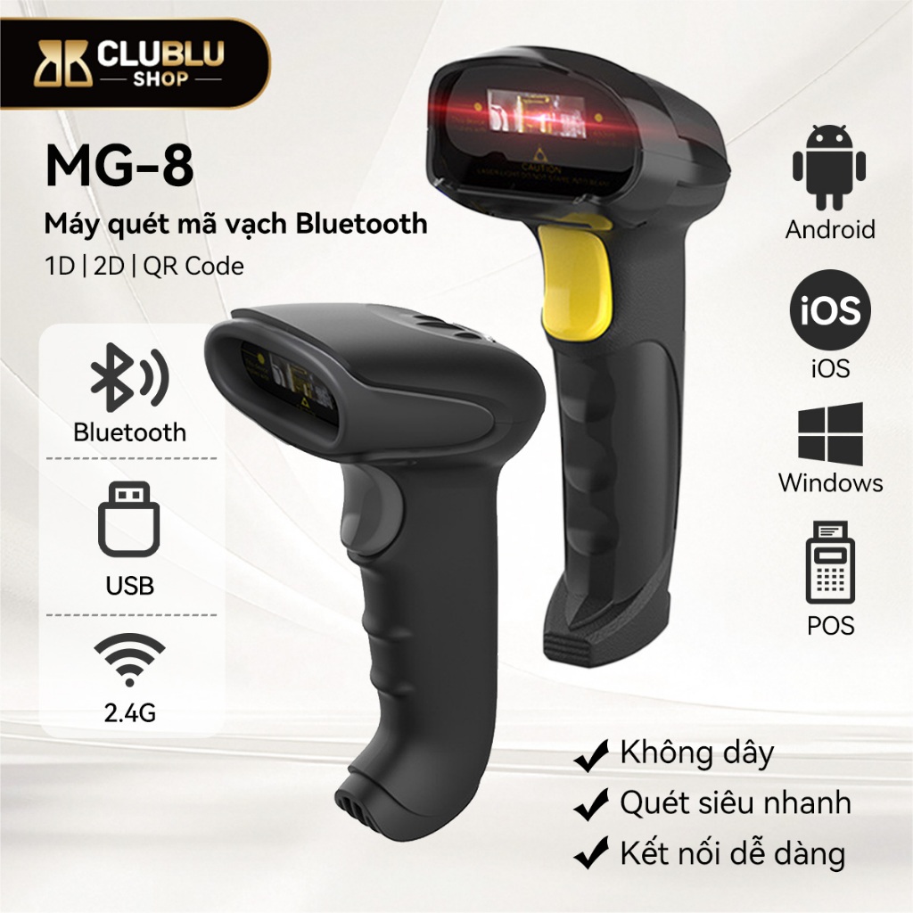 CLUBLU Máy quét mã vạch Bluetooth 1D 2D QR Code Không Dây USB 2.4G Kết Nối Android iOS Windows POS