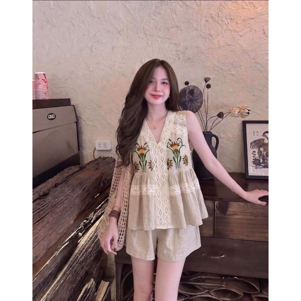 Set bộ nữ Daniel vải linen phối ren thêu hoa nổi điệu đà nữ tính, Bộ đồ nữ áo sát nách kèm quần short thời trang HEBE | BigBuy360 - bigbuy360.vn