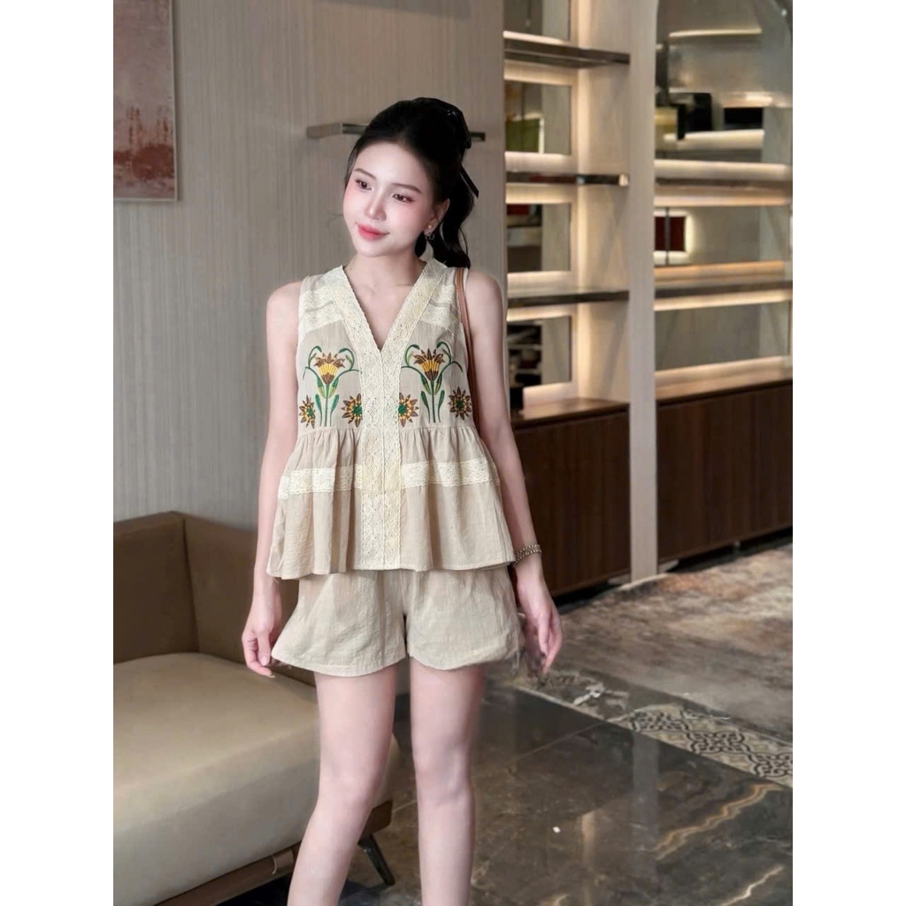 Set bộ nữ Daniel vải linen phối ren thêu hoa nổi điệu đà nữ tính, Bộ đồ nữ áo sát nách kèm quần short thời trang HEBE | BigBuy360 - bigbuy360.vn