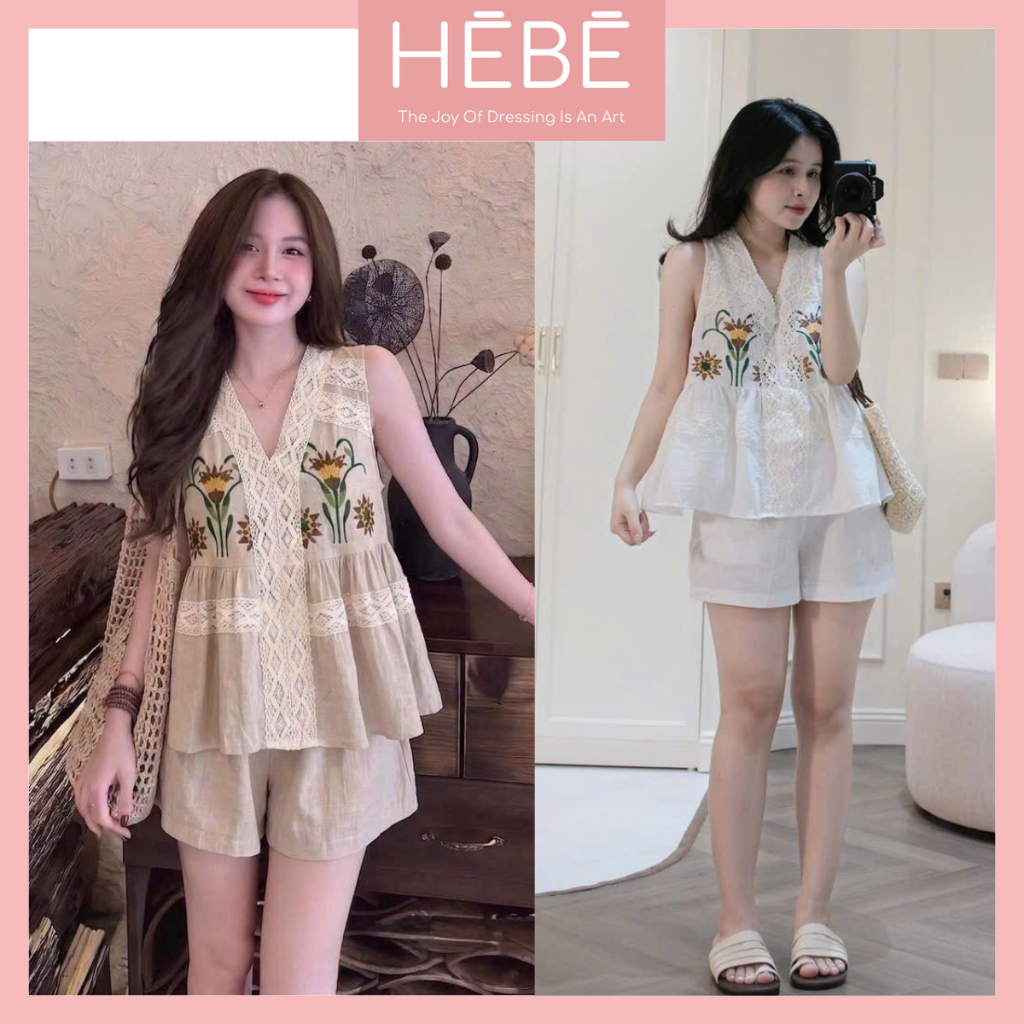Set bộ nữ Daniel vải linen phối ren thêu hoa nổi điệu đà nữ tính, Bộ đồ nữ áo sát nách kèm quần short thời trang HEBE | BigBuy360 - bigbuy360.vn