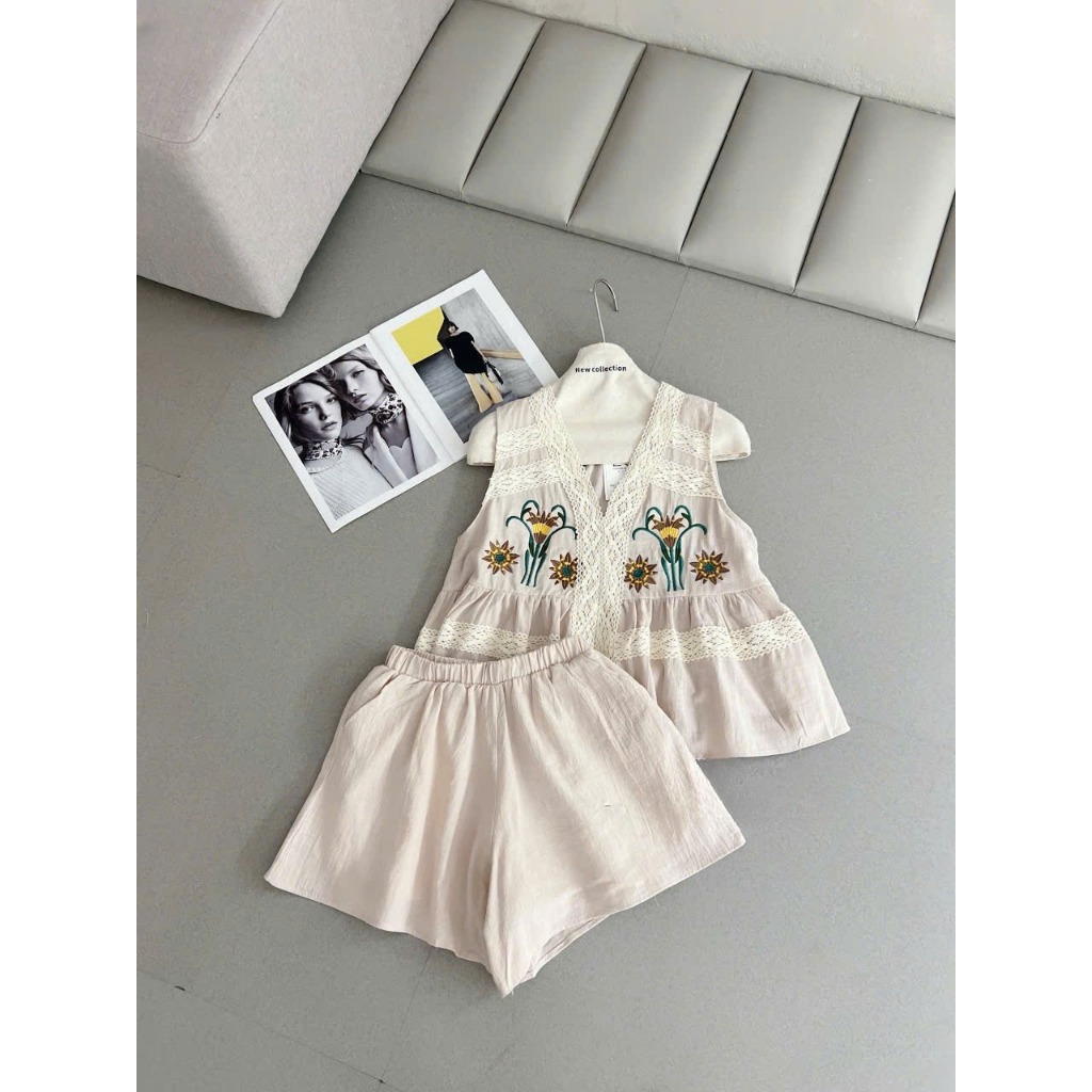 Set bộ nữ Daniel vải linen phối ren thêu hoa nổi điệu đà nữ tính, Bộ đồ nữ áo sát nách kèm quần short thời trang HEBE | BigBuy360 - bigbuy360.vn