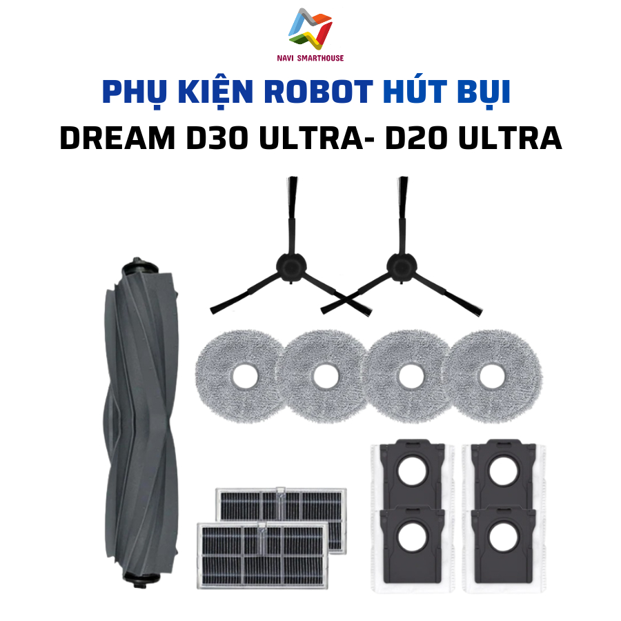 Phụ kiện robot hút bụi Dream D30 Ultra, D20 Ultra khăn, lọc, chổi cạnh, chổi lăn, túi rác