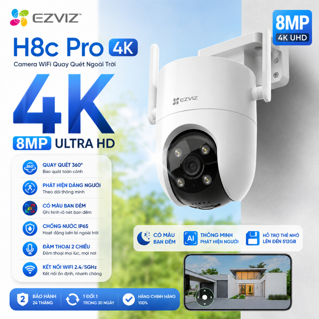 Camera Wifi EZVIZ H8c Pro 4K 8MP Quay Quét Ngoài Trời, WiFi 6, AI Người Xe, Đàm Thoại 2 Chiều, Đêm C
