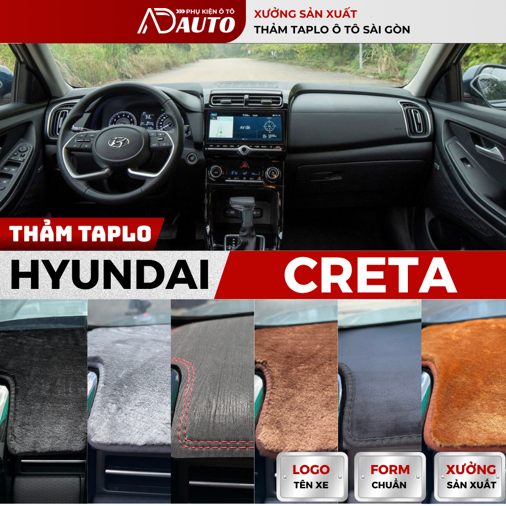 Thảm taplo HYUNDAI CRETA, Thảm Phủ Taplo Ô Tô 13 Chất Liệu Da, Nhung, Chống Nắng, Chống Chói, Bảo Vệ