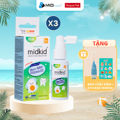 Combo 3 hộp Xịt chống sâu răng Midkid vị nho 30ml cho bé từ 1 tuổi giúp làm sạch, ngăn ngừa ố vàng