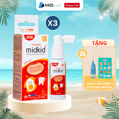 Combo 3 hộp xịt chống sâu răng MIDKID cho bé từ 1 tuổi giúp làm sạch và bảo vệ men răng vị táo 20ml