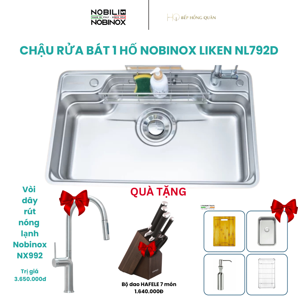 CHẬU RỬA BÁT 1 HỐ CHỐNG XƯỚC NOBINOX LIKEN NL792D( Tặng vòi 992+bộ dao Hafele) CHÍNH HÃNG NOBINOX-BH