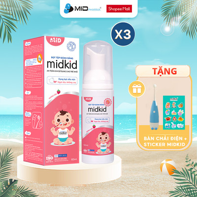 Combo 3 hộp Bọt tâp đánh răng Midkid vị dâu nuốt được cho bé từ 1 tuổi, giúp làm sạch, trắng răng
