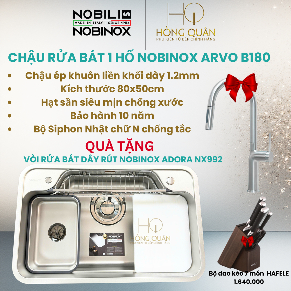 Chậu rửa 1 hố chống xước Nobinox ARVO B180( tặng vòi Nx992+ bộ dao Hafele) CHÍNH HÃNG NOBINOX.