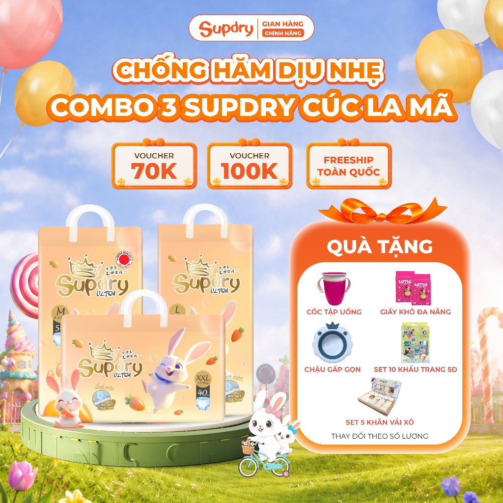 [SUPDRY] Combo 3 Bịch Tã/Bỉm Quần Supdry Ultra, Bỉm Supdry Cam Mẫu Mới Cao Cấp Cho Bé Size M/L/XL/XX