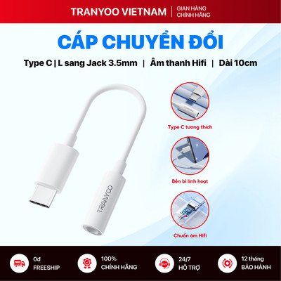 Cáp Chuyển Đổi TRANYOO T-E6 E7 Type C / L sang Jack 3.5 mm Hỗ Trợ Âm Thanh Hifi Chuẩn Dài 10cm