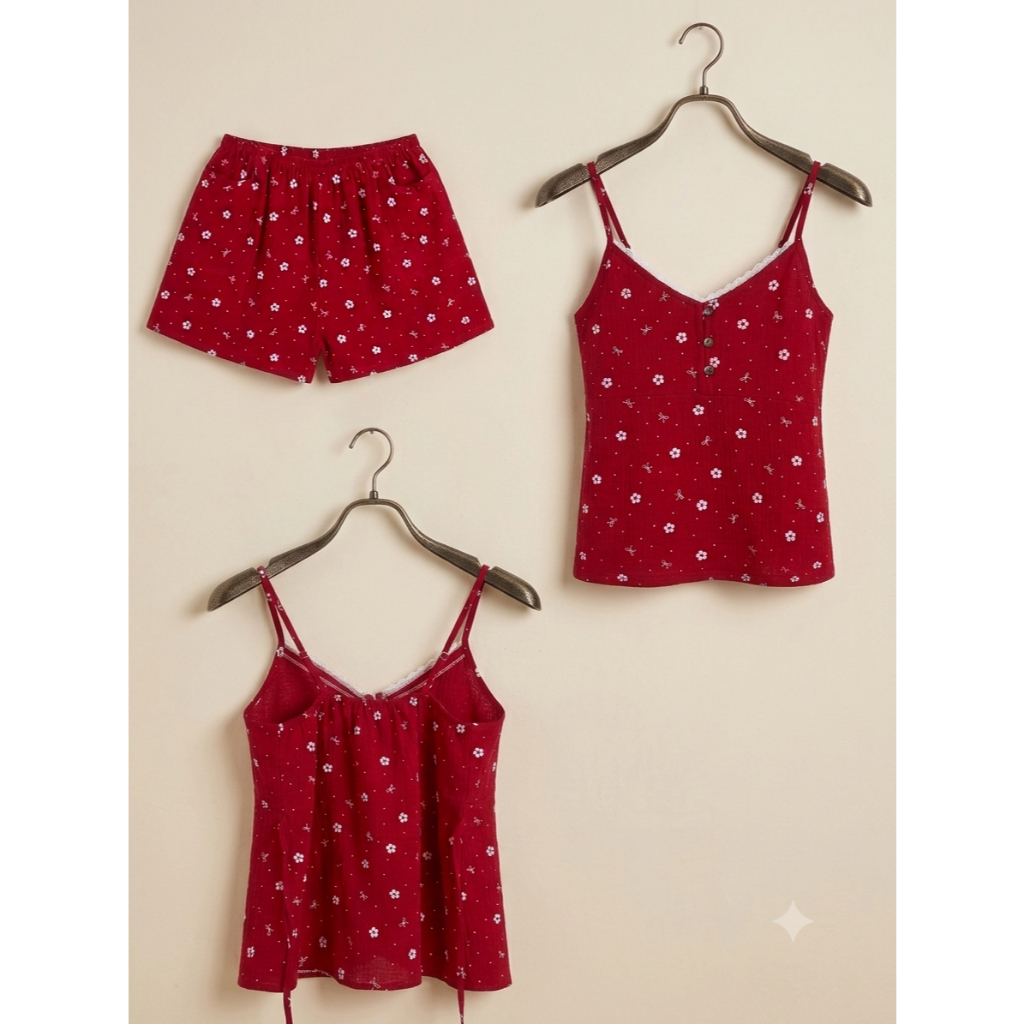 [Feliz.Clothes] Đồ ngủ 2 dây hoa nhí đỏ đô