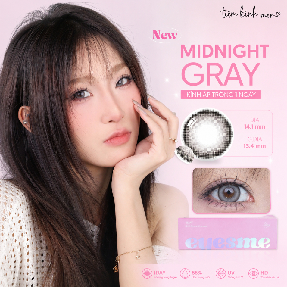 MIDNIGHT- 14.1mm- Lens 1 ngày xám trầm tự nhiên giãn vừa, kính áp tròng dùng 1 lần eyesme