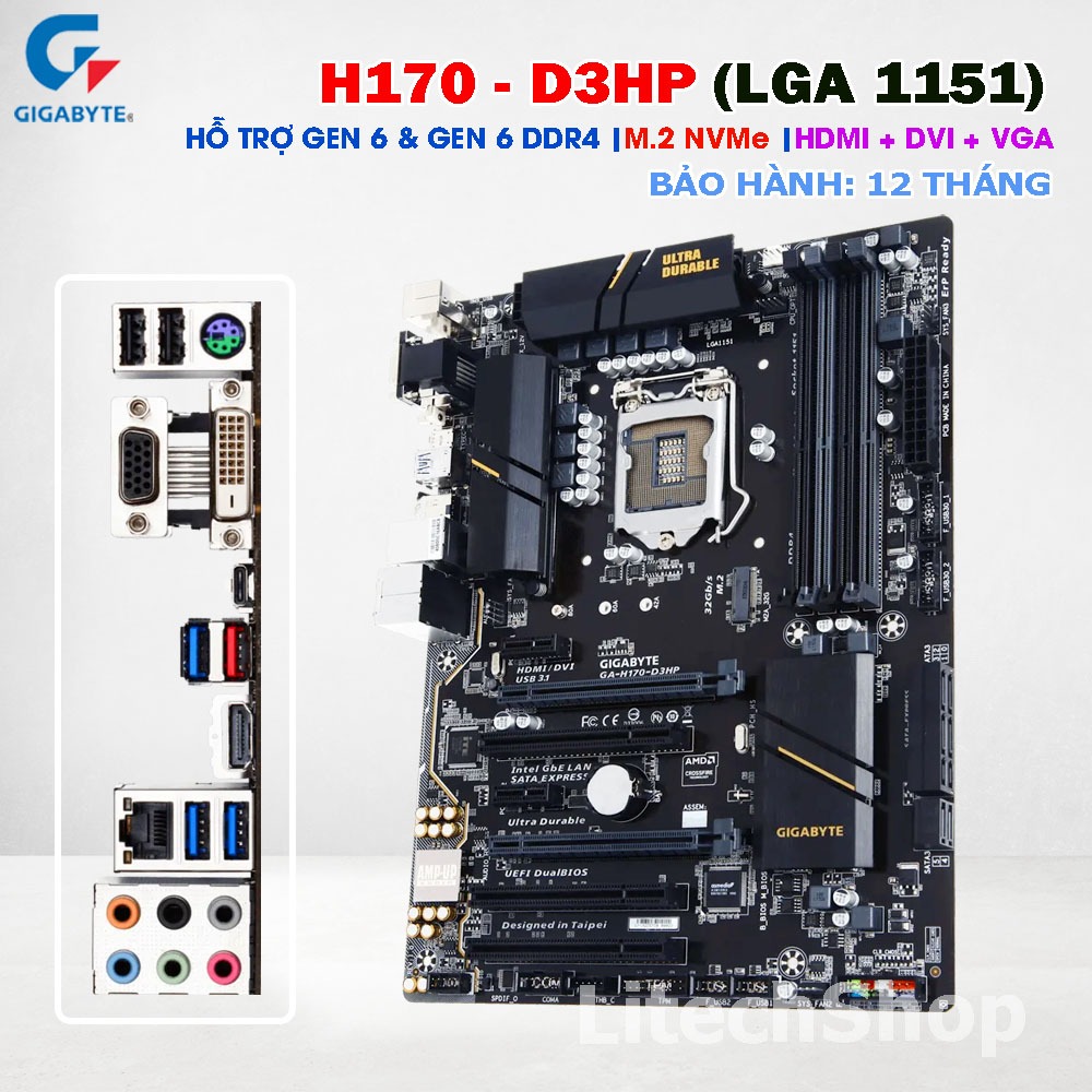 Main Gigabyte GA-H170-D3HP DDR4 M.2 NVMe USB 3.1 Type-C LGA1151| Hỗ Trợ i3 i5 i7 Gen 6 Gen 7| zin đẹ
