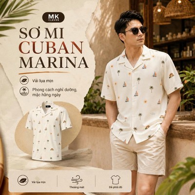 Áo Sơ Mi nam Cuban Marina MKCLEVER chất lụa mềm mịn, thoáng mát, thấm hút, chống nhăn, form rộng mặc hằng ngày