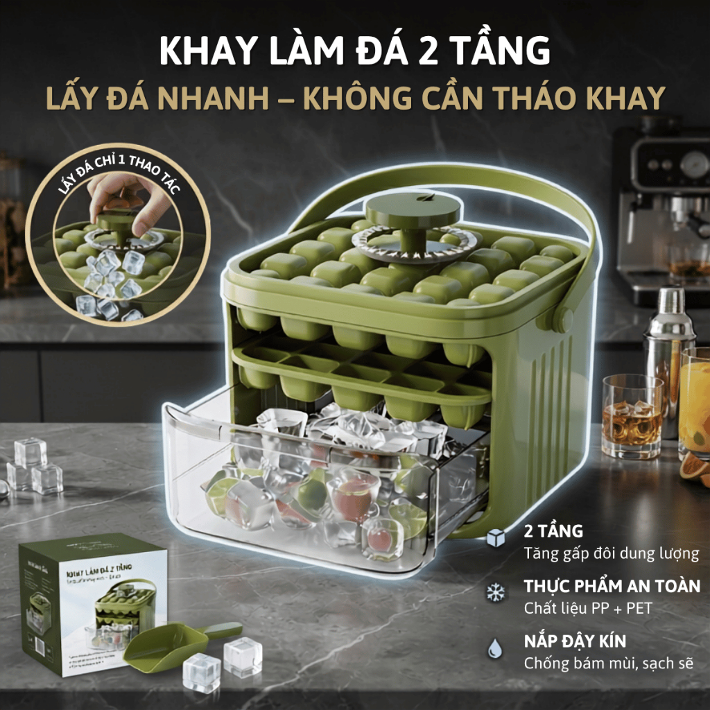 Hộp khay làm đá thông minh 50 viên 2 tầng GEARSHOP nhấn nút lấy đá dễ dàng