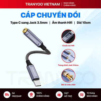 Cáp Chuyển Đổi Âm Thanh TRANYOO T-E8 Type C sang Jack 3.5 mm Hỗ Trợ Âm Thanh Hifi Chuẩn Dài 10cm