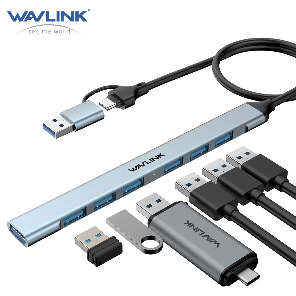 Bộ chia USB Splitter WAVLINK 7-in-1, USB-C sang A cổng USB3.0 5Gbps, 6 cổng USB2.0, cắm là dùng