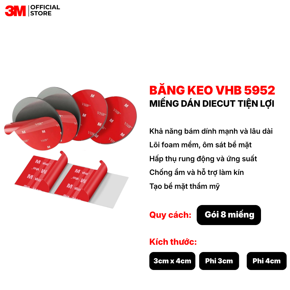 Miếng Dán Keo 2 Mặt 3M VHB 5952 Diecut Siêu Dính 8 Miếng/Gói – 3x4c