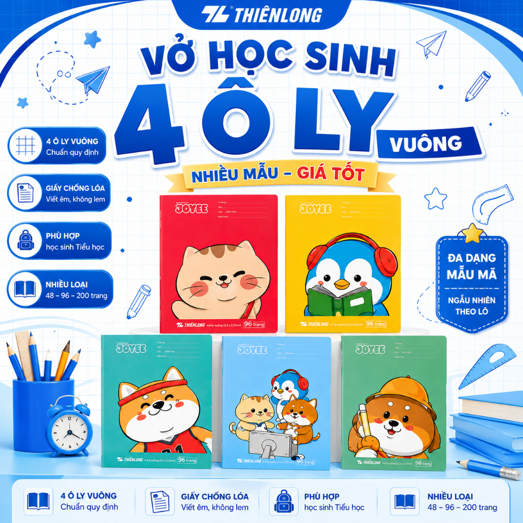 [Không Chọn Hình] Combo 10 Tập vở học sinh Thiên Long 4 ô ly vuông chống lóa - Vở 4 ô ly vuông, tập 