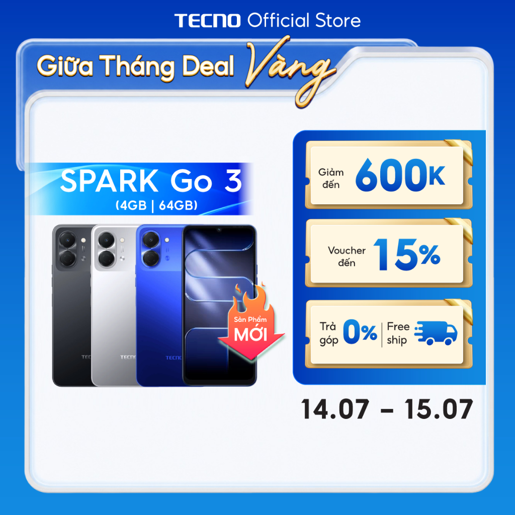 Điện thoại TECNO SPARK Go 3 (4+4)GB/64GB - Pin 5000mAh | Freelink 2.0 | IP64 | TECNO AI | Màn hình 6