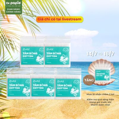 Tăm Bông NGƯỜI LỚN Zubi 2 Đầu Xoắn Tròn 100% Bông Thiên Nhiên Dr.Papie (100c/Túi)