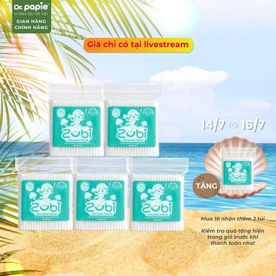 Tăm Bông Trẻ Em Zubi 2 Đầu Xoắn - Tròn 100% Bông Thiên Nhiên Mềm Mại Vệ Sinh Tai Mũi Rốn Dr.Papie (100c/Túi)