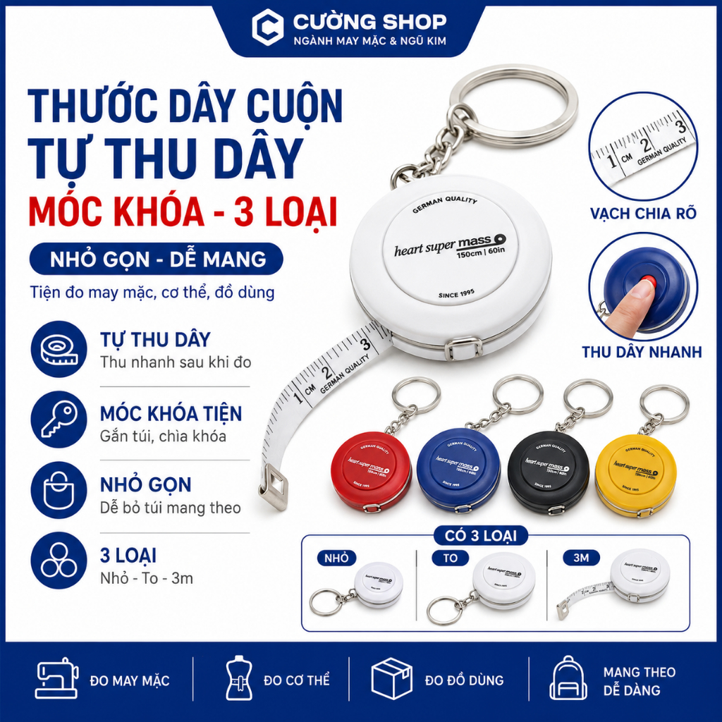 Thước Dây Cuộn Chuẩn Đức Tiện Dụng – Thước Dây Móc Khóa Tự Thu Dây, Nhỏ Gọn, Dễ Mang Theo