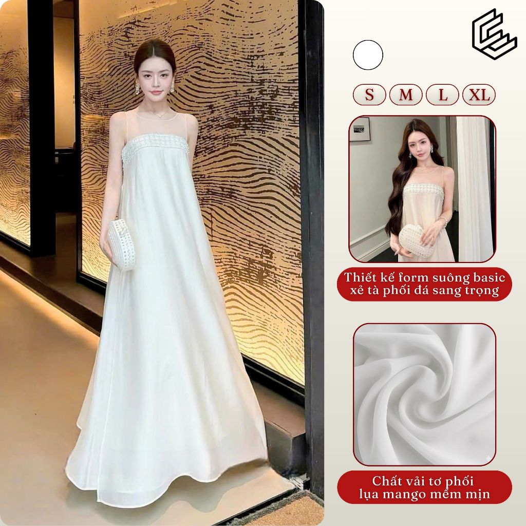 Đầm maxi trắng đính đá xẻ tà dáng suông EMILI DESIGN thanh lịch sang trọng đi tiệc đi biển [V578]