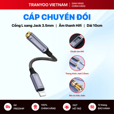 Cáp Chuyển Đổi Âm Thanh TRANYOO T-E9 Cổng L sang Jack 3.5 mm Hỗ Trợ Âm Thanh Hifi Chuẩn Dài 10cm
