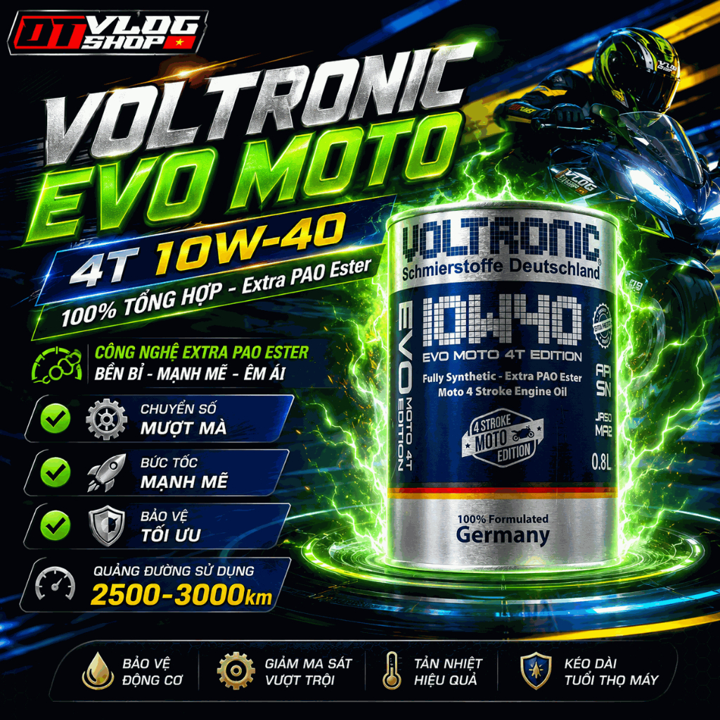 ( TẶNG QUÀ)Nhớt tổng hợp cho xe số, xe côn tay Voltronic Evo Moto 4T Edition 10w40 Fully Synthetic -