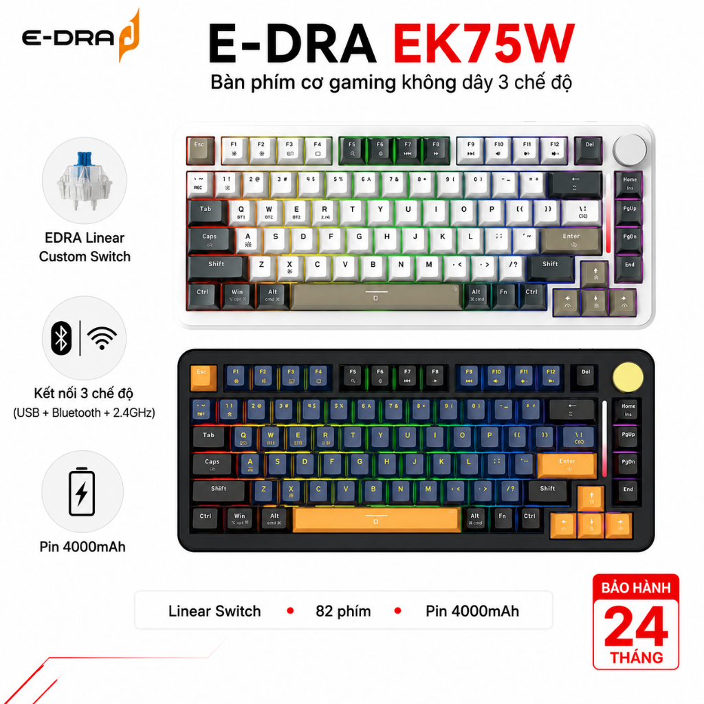 Bàn phím gaming không dây E-Dra EK375W – Hotswap, Linear Switch, RGB, pin 4000mAh – Chính hãng