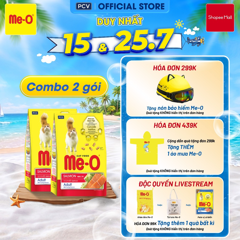 [HĐ299k kèm quà] Combo 2 bịch Thức ăn cho mèo Me-O, hạt cho mèo vị cá hồi (gói 400grx2)