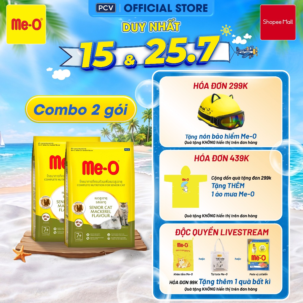 [HĐ299k kèm quà] Combo 2 bịch Thức ăn cho mèo già Me-O, hạt cho mèo trên 7 tuổi vị cá thu (gói 400gr