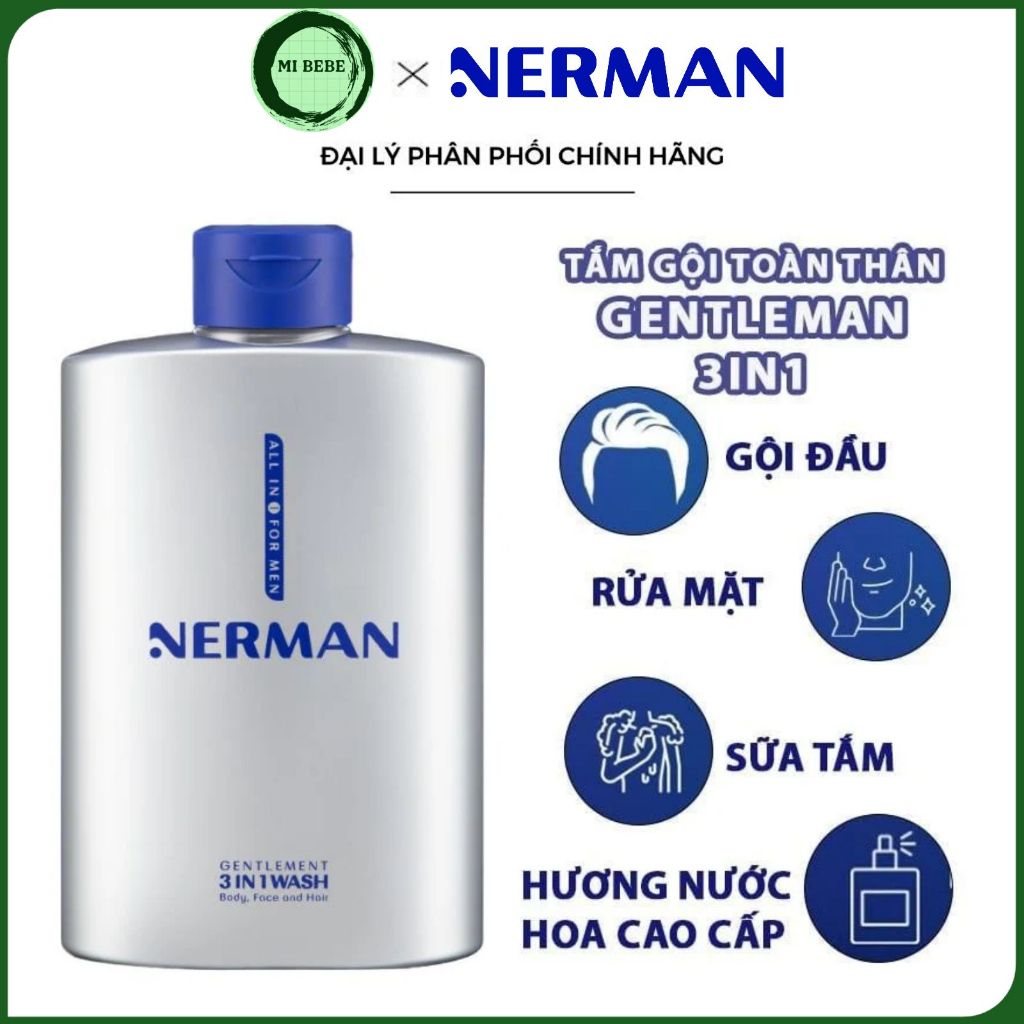 Sữa Tắm Gội Nerman Gentlman 3In1 Wash Sữa Tắm - Dầu Gội - Rửa Mặt Tiện Lợi 350g - Mibebe