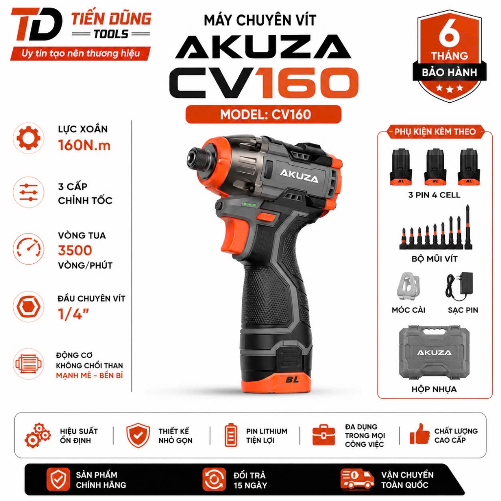 Máy chuyên vít pin 16.8V Akuza CV160PRO Không Chổi Than 3 cấp chỉnh tốc đi kèm 3 pin dung lượng cao