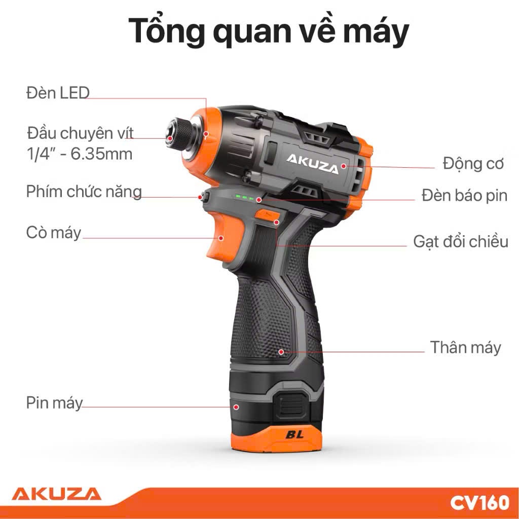 Máy chuyên vít pin 16.8V Akuza CV160PRO Không Chổi Than 3 cấp chỉnh tốc đi kèm 3 pin dung lượng cao