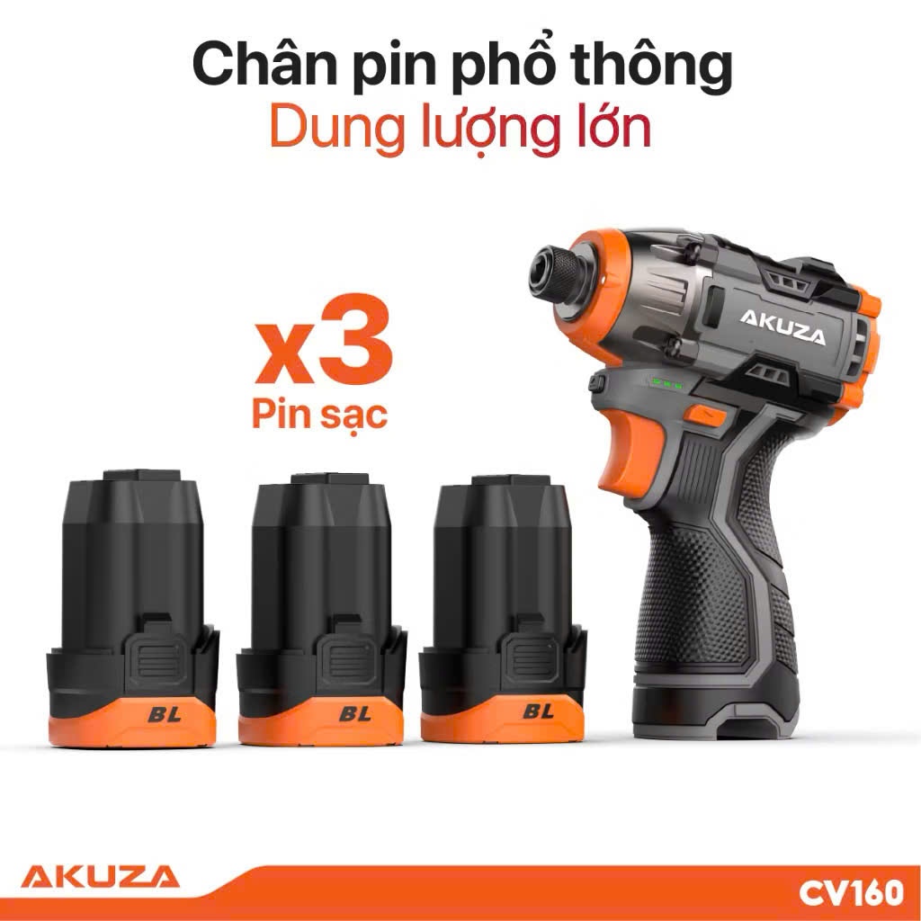 Máy chuyên vít pin 16.8V Akuza CV160PRO Không Chổi Than 3 cấp chỉnh tốc đi kèm 3 pin dung lượng cao