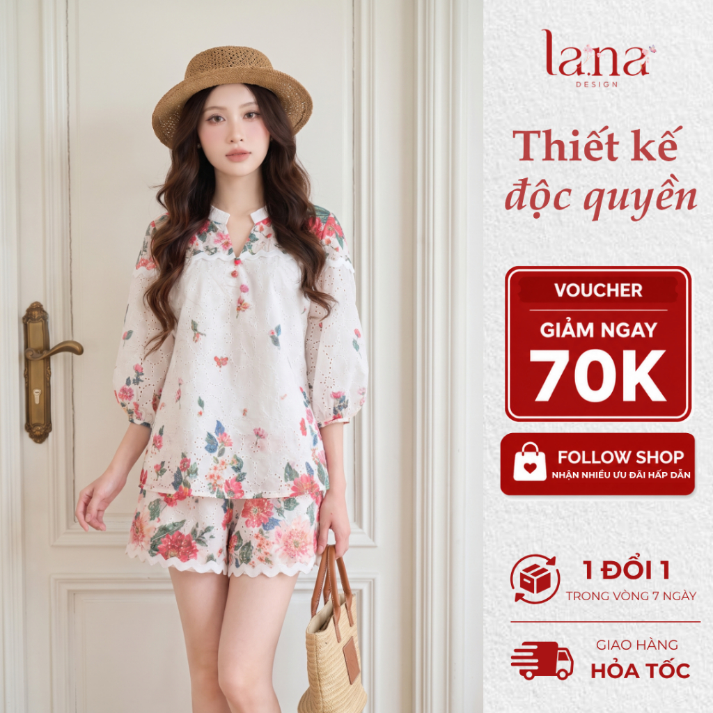 Set áo quần XUÂN THẢO thiết kế LANA DESIGN chất thô đục lỗ in hoa, đồ nữ đi biển, dạo phố - SQ223
