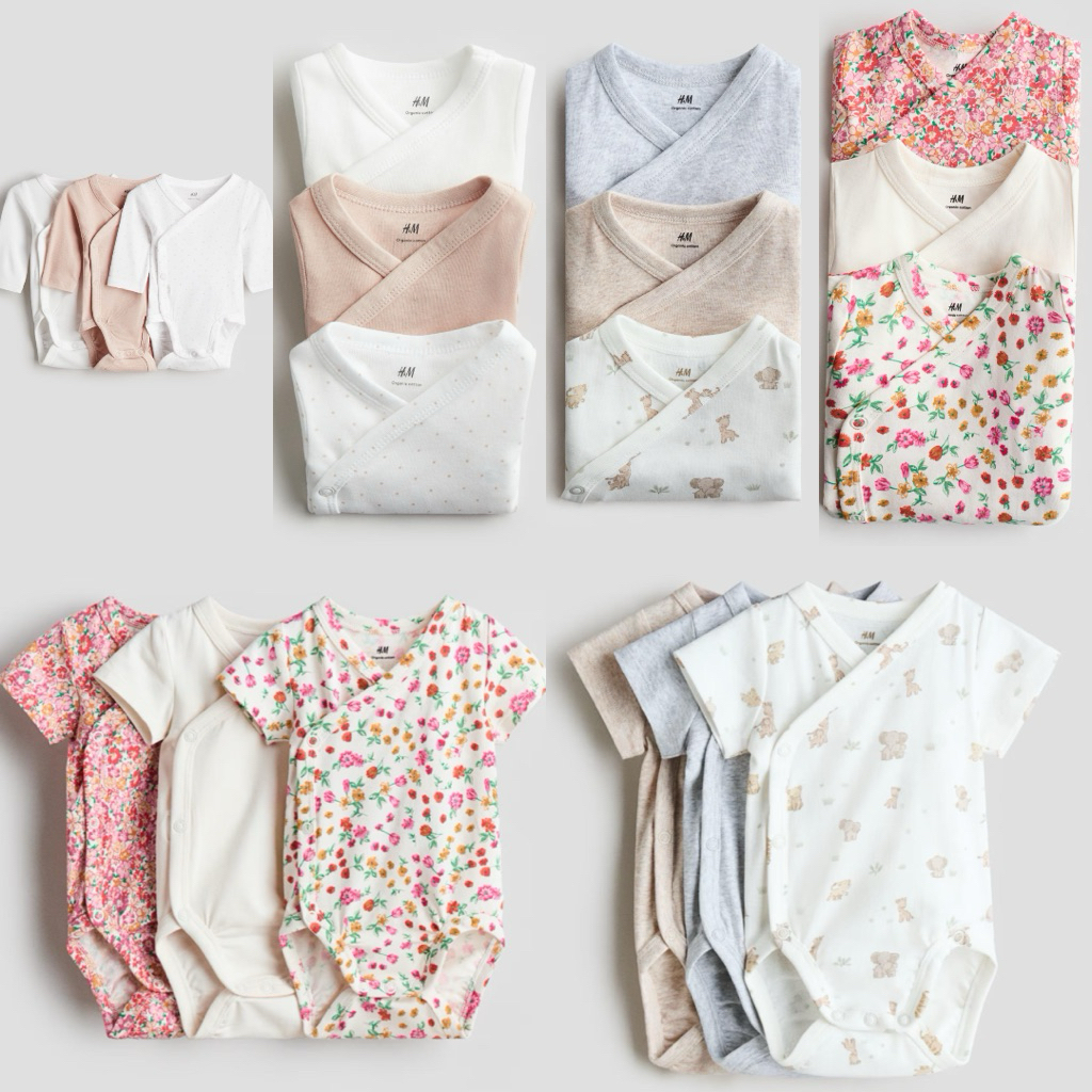 Set 3 body suit cổ tim HM cho bé sơ sinh cotton mịn thoáng khí mẫu mới 2026- HM068