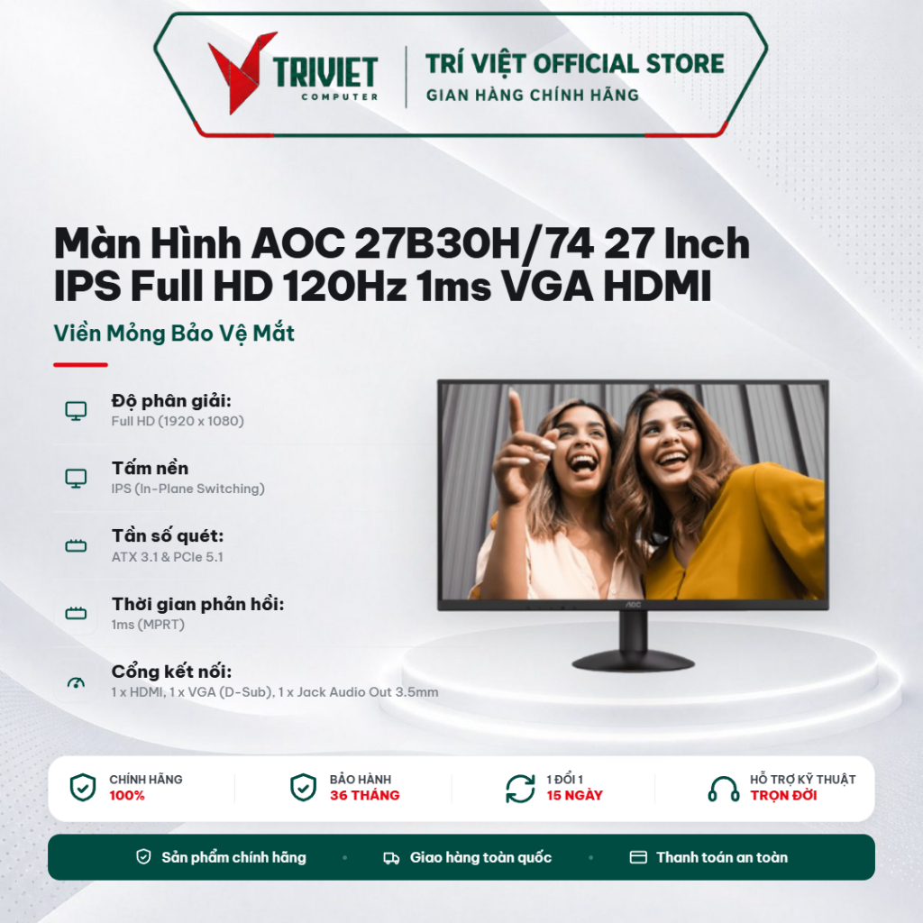 Màn Hình AOC 27B30H/74 27 Inch IPS Full HD 120Hz 1ms VGA HDMI Viền Mỏng Bảo Vệ Mắt