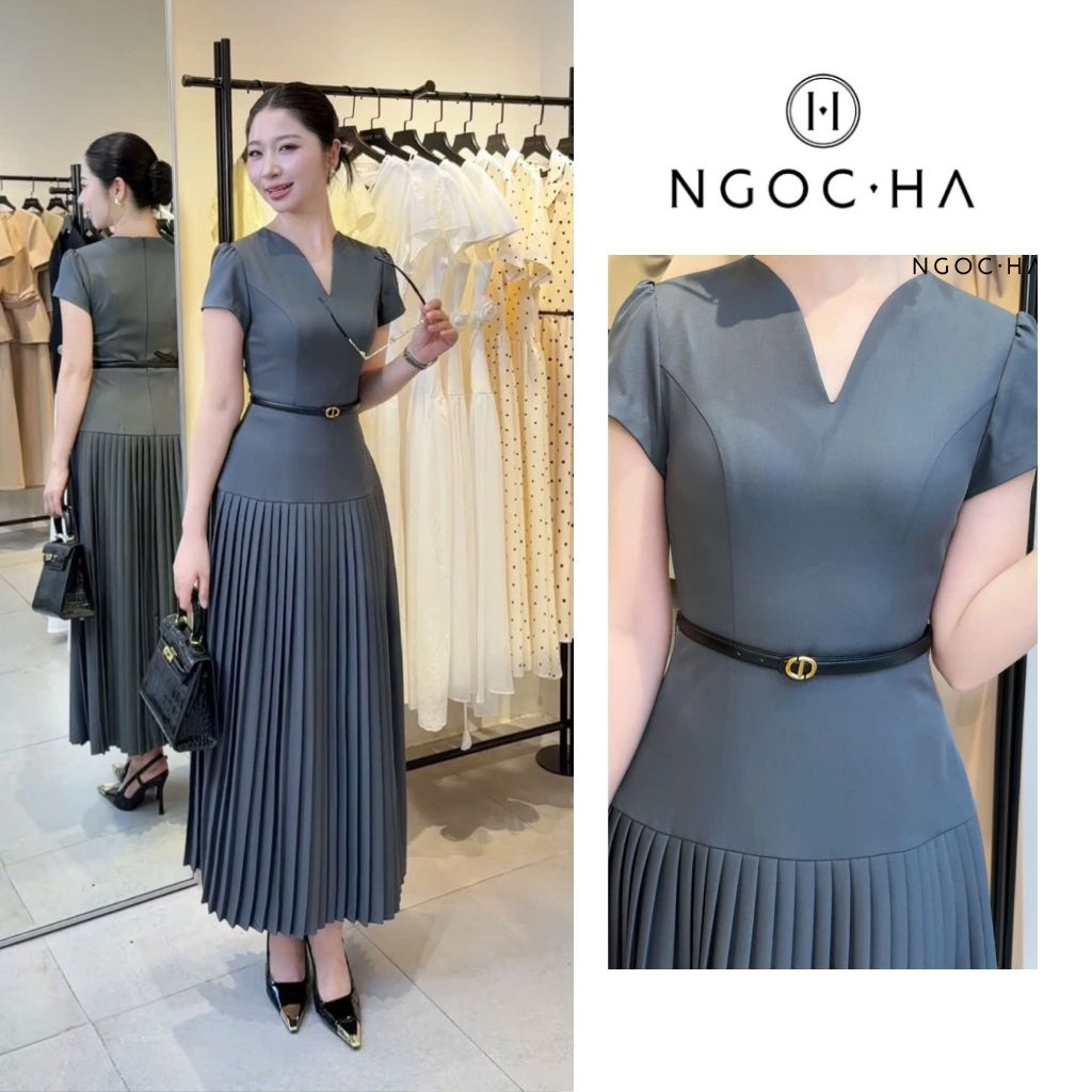 Đầm Xòe Nữ NGOC HA DESIGN Adeline Dress Váy Vải Chéo Hàn Quốc Xếp Ly Sang Chảnh Công Sở D1058
