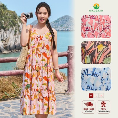 Váy lanh 2 dây mềm mát, mặc nhà thoải mái cho nữ họa tiết thời trang Việt Thắng V01.6517