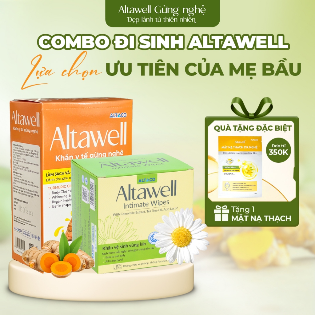 Combo Đi Sinh Altawell Khăn Y Tế Gừng Nghệ & Khăn Vệ Sinh Phụ Nữ - Hỗ Trợ Làm Sạch, Khử Mùi, Lành Tí